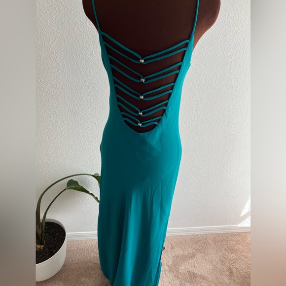 Vintage open back beaded teal maxi gown dress spaghetti straps - Picture 2 of 5